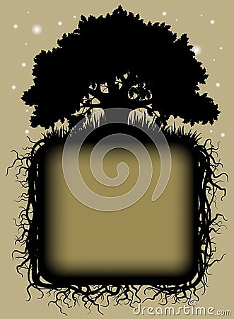 Oak tree black silhouette with roots and frame Vector Illustration