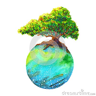 Oak tree on colorful earth floating white background watercolor painting landscape hand drawn illustration Cartoon Illustration
