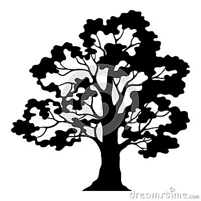 Oak Tree Pictogram, Black Silhouette and Contours Vector Illustration