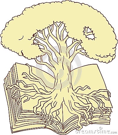 Oak Tree Rooted on Book Drawing Vector Illustration