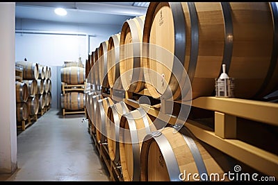 oak wine barrels in a clean, controlled environment Stock Photo