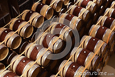 Oak wine barrels stacked in modern winery. View from above Stock Photo