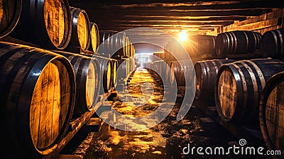 oak wooden wine barrels in an old, dark wine cellar. foreground. Cognac store basement wooden brandy, beer. Wine Vault. a row of Stock Photo