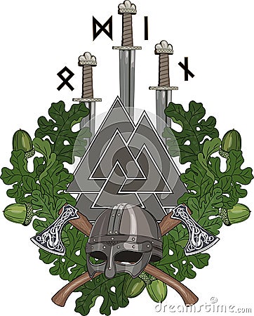 The oak wreath, a Viking helmet and two crossed battle-axes, three swords of the Vikings and Walknut with runes Cartoon Illustration