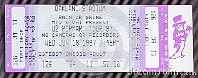 Old used ticket stub for U2 Popmart Tour Editorial Stock Photo
