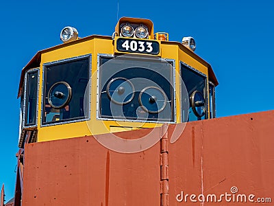 Oakridge, Oregon, USA - May 14, 2023: The cab of the Union Pacific Jordan Spreader 4033 Editorial Stock Photo