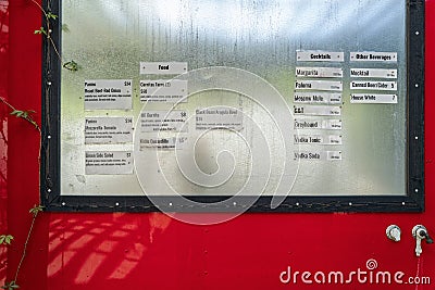 Oakridge, Oregon, USA - May 15, 2023: The menu posted on the side of a food truck Editorial Stock Photo