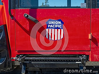 Oakridge, Oregon, USA - May 14, 2023: The Union Pacific logo is painted on the red door of a utility vehicle at the railyard Editorial Stock Photo