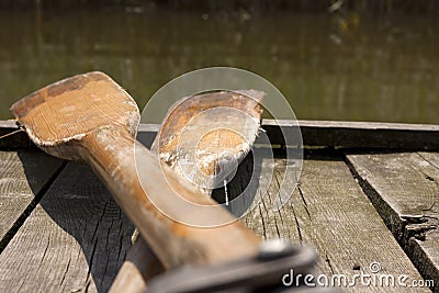 Oar on the pier on lake marine tourist idea Stock Photo