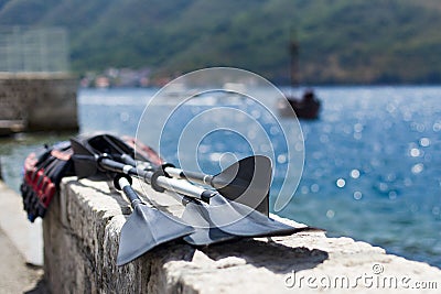 Oars are dried in the sun Stock Photo