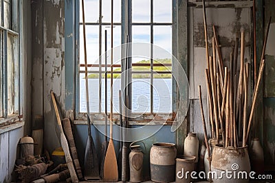 oars framed by a weathered window in a coastal shack Stock Photo