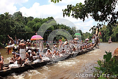 Oarsmen wearing traditional kerala dress participate in the Aranmula boat race Editorial Stock Photo