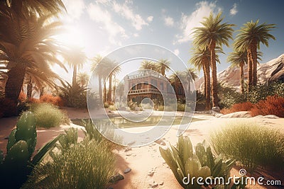 Oasis desert palm tree. Generate Ai Stock Photo