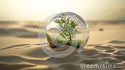 Oasis Encased: A Green Plant Captured in a Glass Sphere Amidst a Desert Landscape Stock Photo