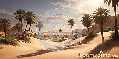 oasis in the heart of the desert, where palm trees provide shade and life amid endless sand dunes. Stock Photo