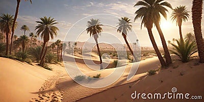 oasis in the heart of the desert, where palm trees provide shade and life amid endless sand dunes. Stock Photo