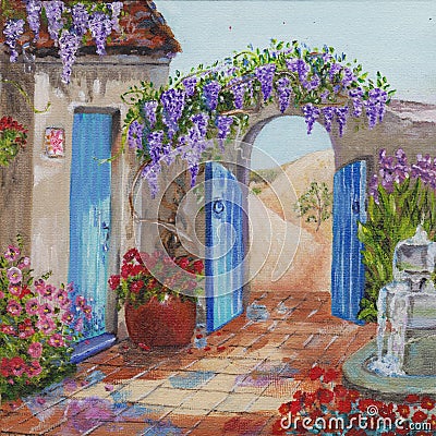 oasis oil painting.a blooming garden in the desert or sand among the dunes flowering plants, greenery fountains, residential Stock Photo