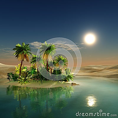 Oasis. sunset in the desert. Stock Photo