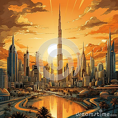 The Oasis of Tomorrow: A Glimpse into Dubai's Futuristic Metropolis Surrounded by Timeless Sands Stock Photo