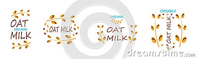 Oat Milk vector logo. Spikes and grains of oats. Vector stock illustration and lettering Vector Illustration