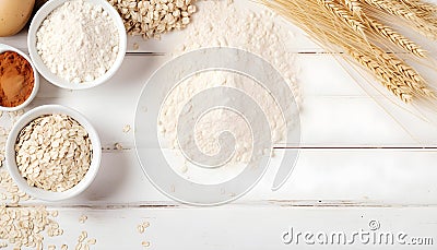 Oat products from flakes, milk, flour and whole grains top view. Healthy food, vegetarian diet concept Stock Photo