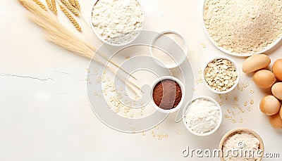 Oat products from flakes, milk, flour and whole grains top view. Healthy food, vegetarian diet concept Stock Photo