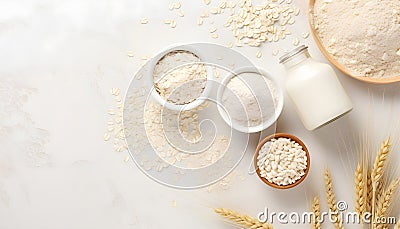 Oat products from flakes, milk, flour and whole grains top view. Healthy food, vegetarian diet concept Stock Photo