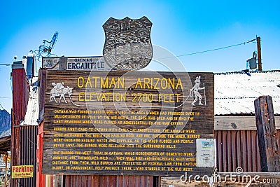 entrance sign of Oatman, the historic small town at Route 66 Editorial Stock Photo