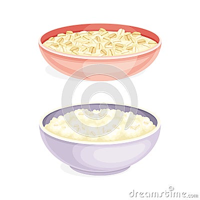 Oatmeal as Whole-grain Food with Rolled Oats in Deep Bowl Vector Set Vector Illustration