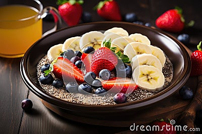 Oatmeal with banana, strawberries and blueberries on a wooden table, Healthy breakfast bowl with oat granola, berries and milk, AI Stock Photo