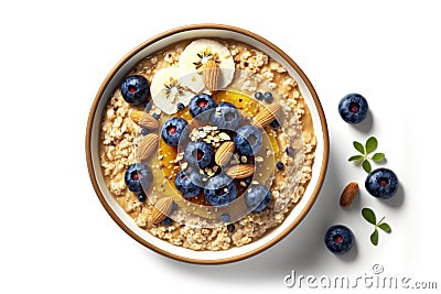 an oatmeal with bananas, blueberries, and nuts in a bowl Stock Photo