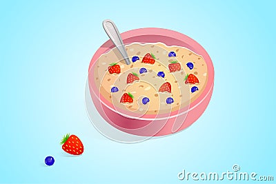 Oatmeal for breakfast with blueberries and strawberries in a pink plate. illustration of cereal with berries on a blue Cartoon Illustration