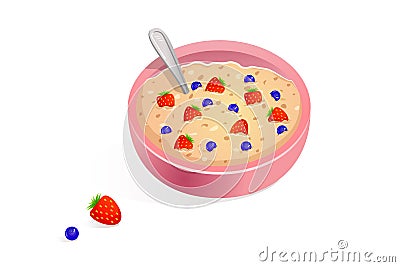 Oatmeal for breakfast with blueberries and strawberries in a pink plate. Illustration of cereal with berries on a white Stock Photo