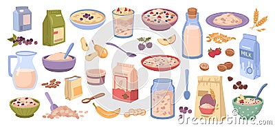 Oatmeal breakfast, granola and porridge, grains Vector Illustration