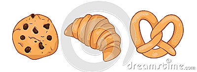 Oatmeal cookies with chocolate chips, with French bagel croissant and pretzel brezel. Vector Illustration