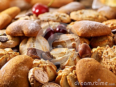 Oatmeal cookies and sand chocolate cake with cherry berry Stock Photo