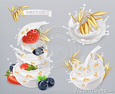 Oatmeal. Oat grains, strawberry, blueberry and milk splashes. Vector icon set Vector Illustration