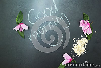 Oatmeal and pink flowers, the words Stock Photo