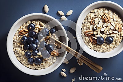 Oatmeal breakfast with blueberries and nuts, food photography and illustration Cartoon Illustration