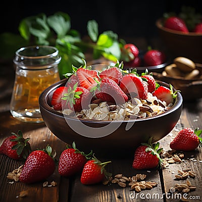 Oatmeal porridge with strawberry slices and nuts on bowl Stock Photo