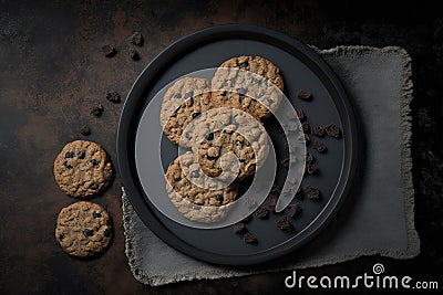 Oatmeal Raisin Cookies On Black Matte Plate. Generative AI Stock Photo