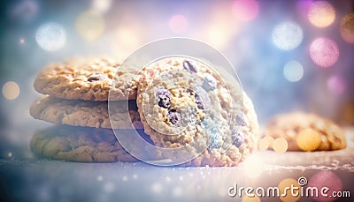 Oatmeal Raisin Cookies White Pink Blue Magical Fantasy Bokeh. Generative AI Stock Photo