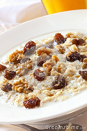 Oatmeal with Raisins and Walnuts Stock Photo