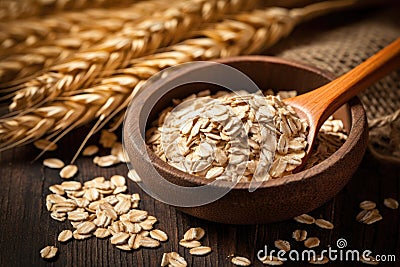 Oatmeal in wooden spoon with ripe oat ears and grains as background. Generative AI Stock Photo