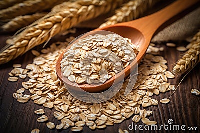 Oatmeal in wooden spoon with ripe oat ears and grains as background. Generative AI Stock Photo