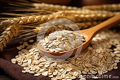 Oatmeal in wooden spoon with ripe oat ears and grains as background. Generative AI Stock Photo