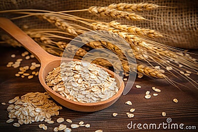 Oatmeal in wooden spoon with ripe oat ears and grains as background. Generative AI Stock Photo