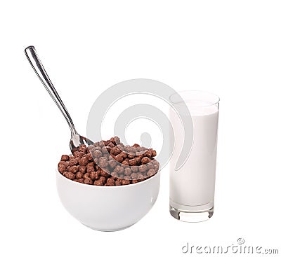 Oats chocolate cereal with glass of milk. Stock Photo