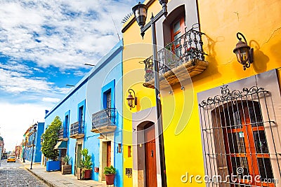 Oaxaca city, Scenic old city streets and colorful colonial buildings in historic city center Stock Photo