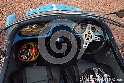 Oban, United Kingdom - February 20, 2010: passenger compartment of car. Kit car interior. rare car. Empty automobile Editorial Stock Photo